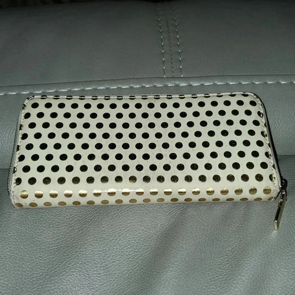 ANNE KLEIN Zip Around Wallet Cream & Gold Patent Polka Dot - Picture 4 of 11